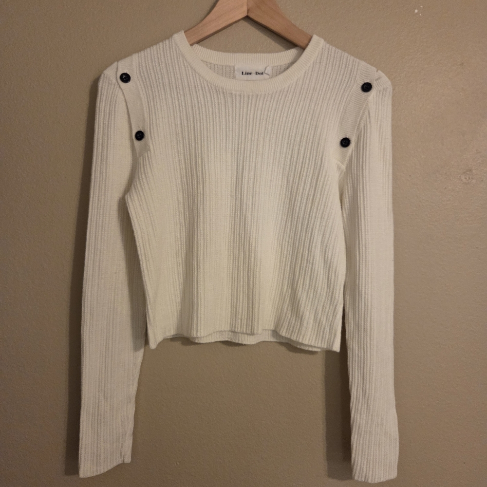 LINE + DOT Cream‎ Ribbed Knit Crewneck Cropped Button Sleeve Sweater Women's XS